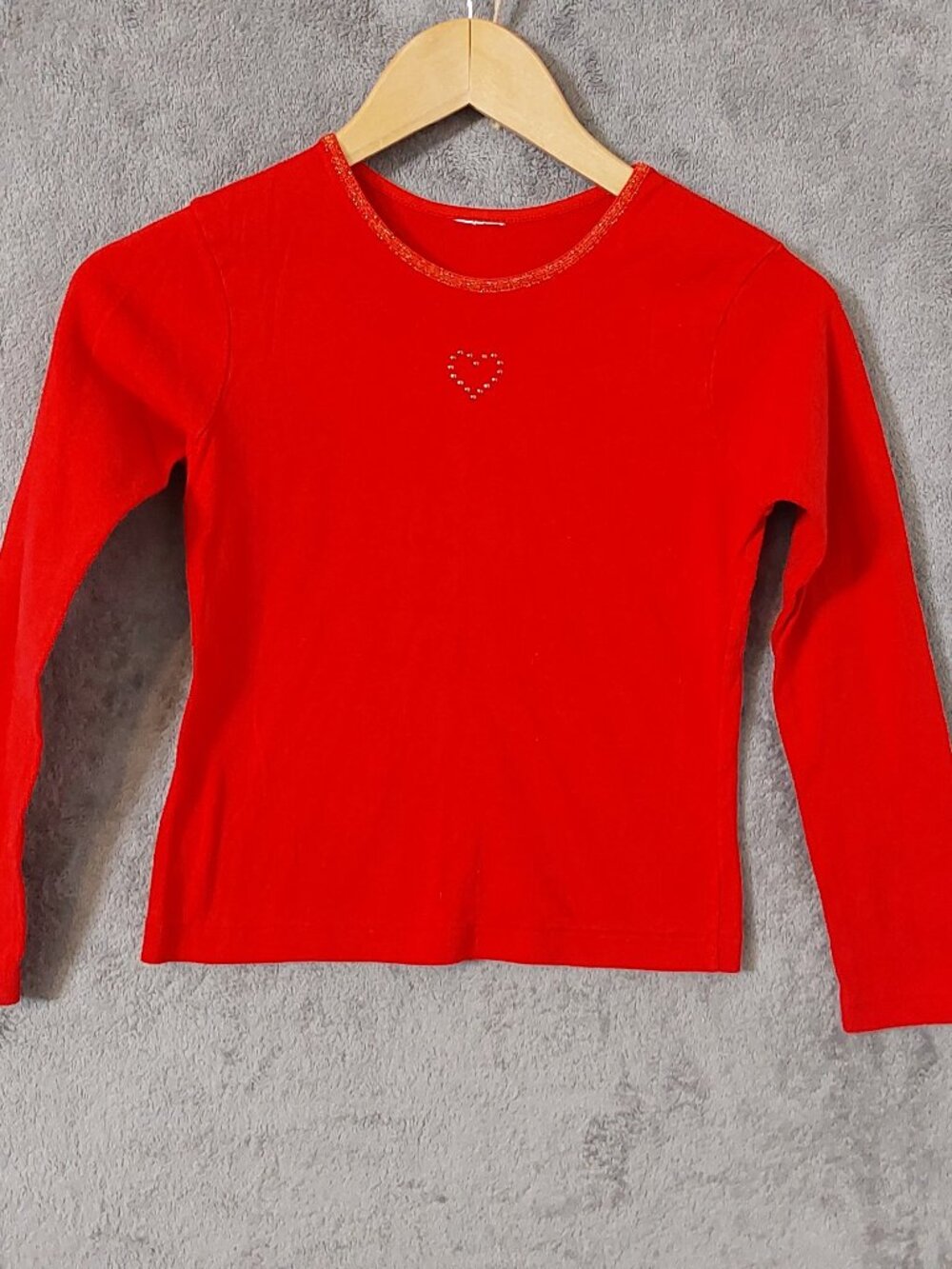 Girls Medium Red Long Sleeve Heart Accent Top Glitter Trim Casual Shirt